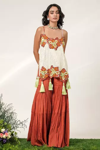Ivory and rust embroidered organza georgette sharara set
