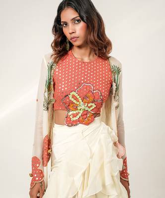 Rust orange and ivory embroidered organza georgette jacket skirt set 5
