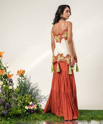 Ivory and rust embroidered organza georgette sharara set 4