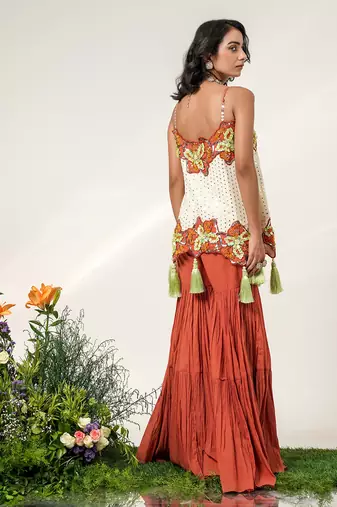 Ivory and rust embroidered organza georgette sharara set