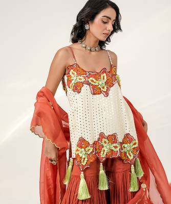 Ivory and rust embroidered organza georgette sharara set 5