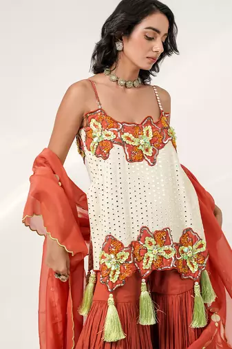 Ivory and rust embroidered organza georgette sharara set