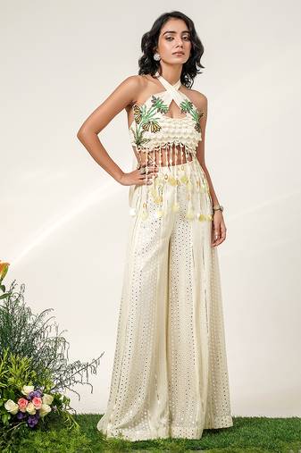 Ivory embroidered organza georgette sharara set