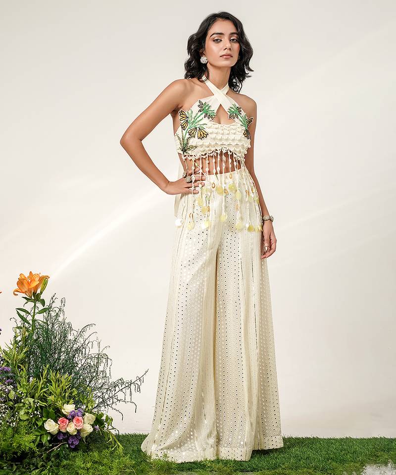 Ivory embroidered organza georgette sharara set