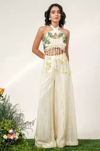 Ivory embroidered organza georgette sharara set