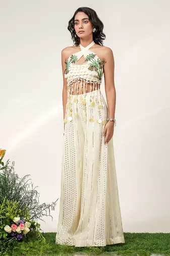 Ivory embroidered organza georgette sharara set