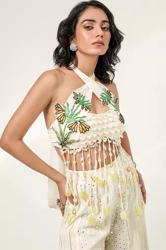 Ivory embroidered organza georgette sharara set