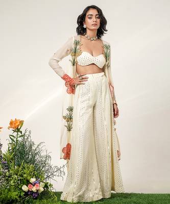 Ivory embroidered organza  georgette jacket sharara set 1