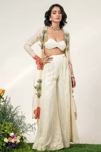 Ivory embroidered organza  georgette jacket sharara set