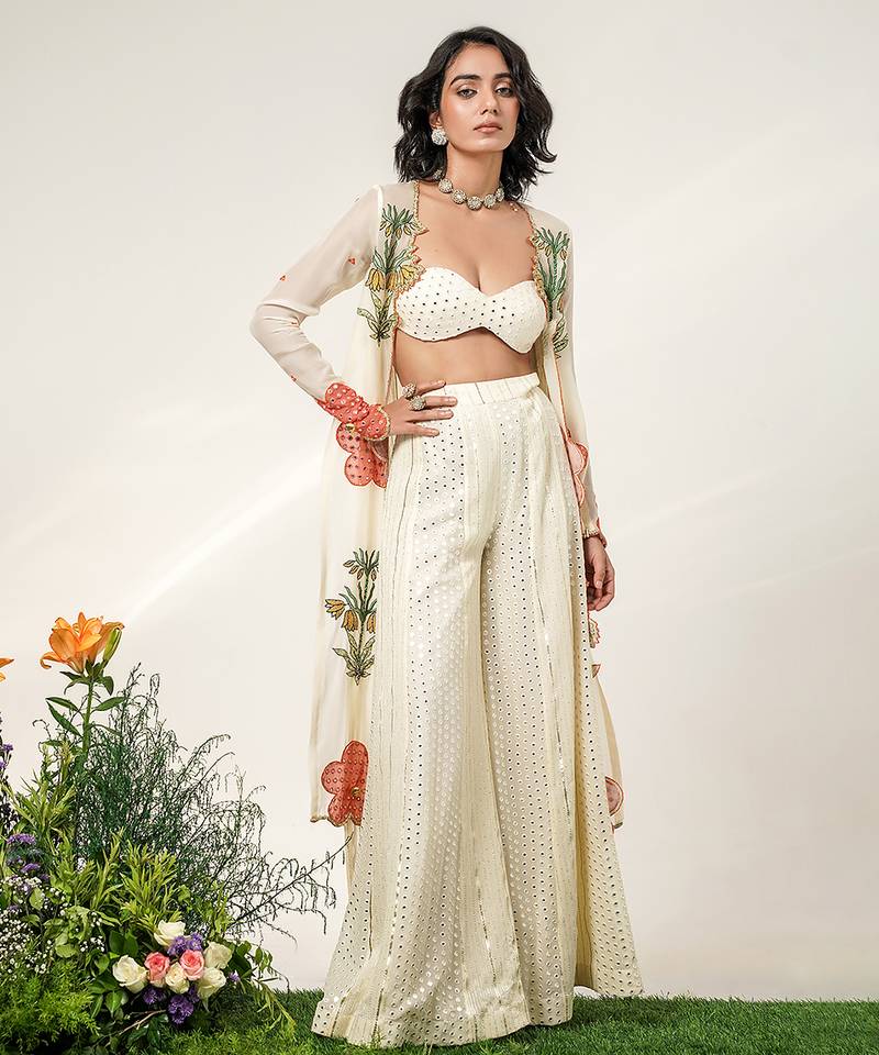 Ivory embroidered organza  georgette jacket sharara set