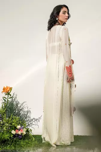 Ivory embroidered organza  georgette jacket sharara set