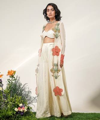 Ivory embroidered organza  georgette jacket sharara set 3