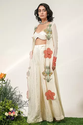 Ivory embroidered organza  georgette jacket sharara set