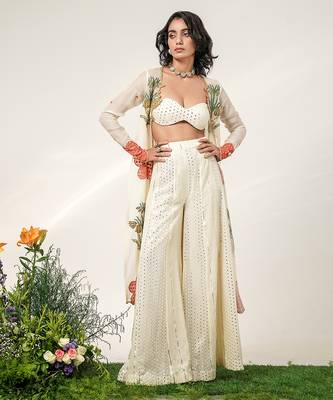 Ivory embroidered organza  georgette jacket sharara set 5