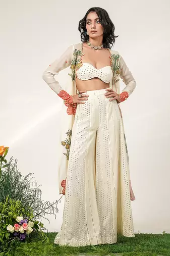 Ivory embroidered organza  georgette jacket sharara set