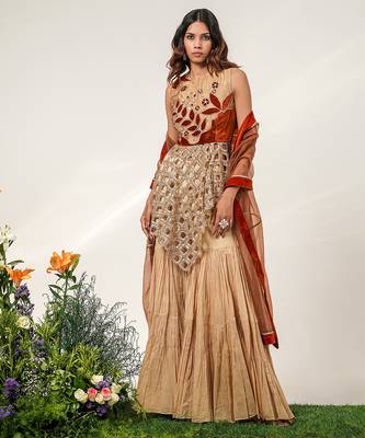 Golden and rust embroidered glass tissue and cotton sharara set 1
