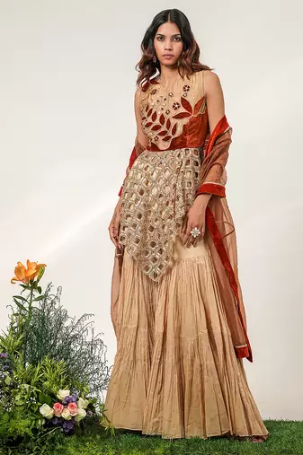 Golden and rust embroidered glass tissue and cotton sharara set