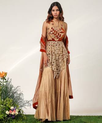 Golden and rust embroidered glass tissue and cotton sharara set 3