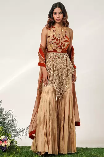 Golden and rust embroidered glass tissue and cotton sharara set