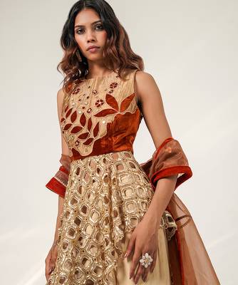 Golden and rust embroidered glass tissue and cotton sharara set 4