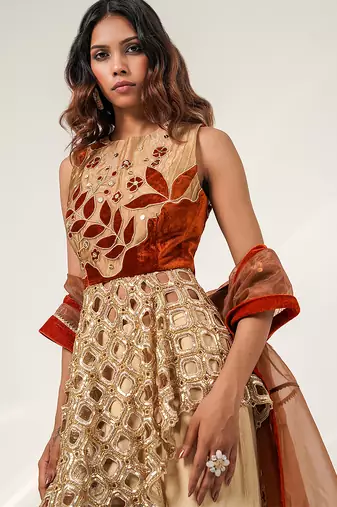 Golden and rust embroidered glass tissue and cotton sharara set