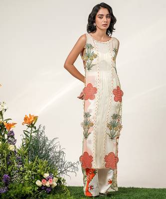 Ivory and tangerine orange embroidered organza nysha silk kurta set 1