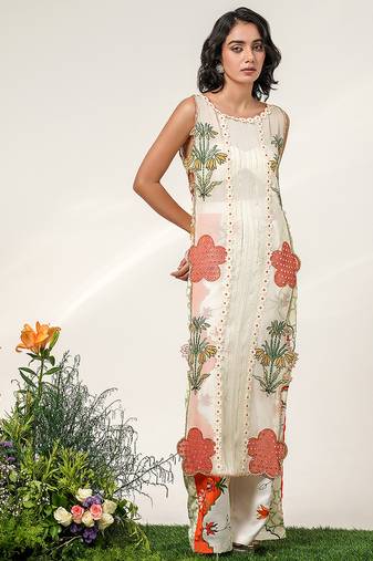 Ivory and tangerine orange embroidered organza nysha silk kurta set