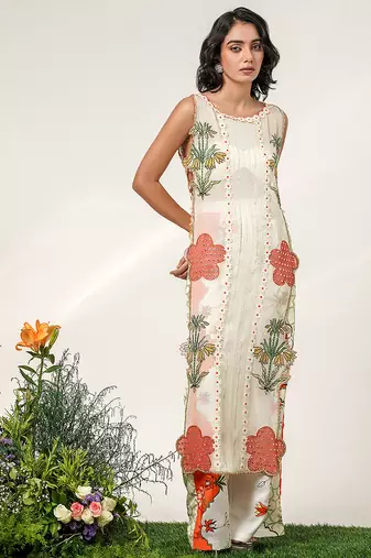 Ivory and tangerine orange embroidered organza nysha silk kurta set