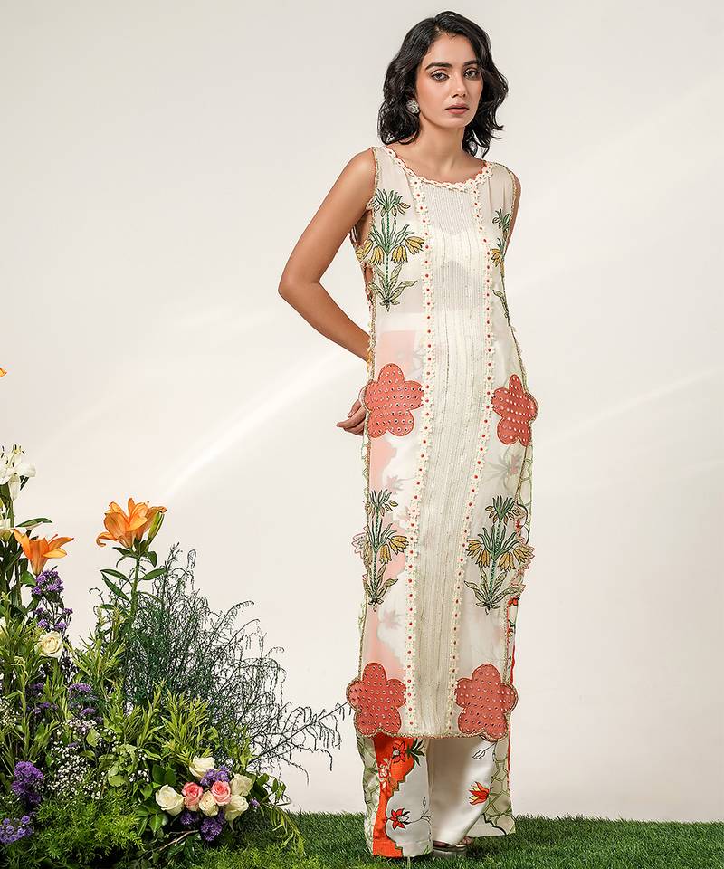 Ivory and tangerine orange embroidered organza nysha silk kurta set