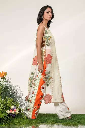 Ivory and tangerine orange embroidered organza nysha silk kurta set