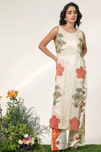Ivory and tangerine orange embroidered organza nysha silk kurta set