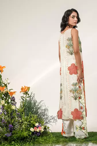 Ivory and tangerine orange embroidered organza nysha silk kurta set