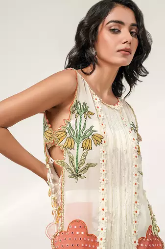 Ivory and tangerine orange embroidered organza nysha silk kurta set
