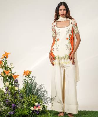 Ivory and tangerine orange embroidered organza and georgette short kurta set 1