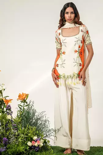 Ivory and tangerine orange embroidered organza and georgette short kurta set
