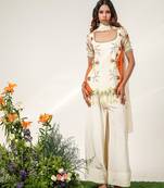 Ivory and tangerine orange embroidered organza and georgette short kurta set