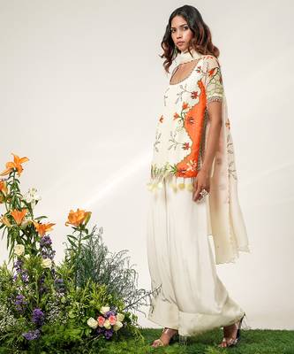 Ivory and tangerine orange embroidered organza and georgette short kurta set 2