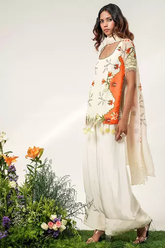 Ivory and tangerine orange embroidered organza and georgette short kurta set