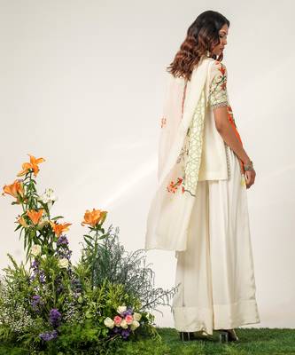 Ivory and tangerine orange embroidered organza and georgette short kurta set 3