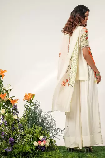 Ivory and tangerine orange embroidered organza and georgette short kurta set