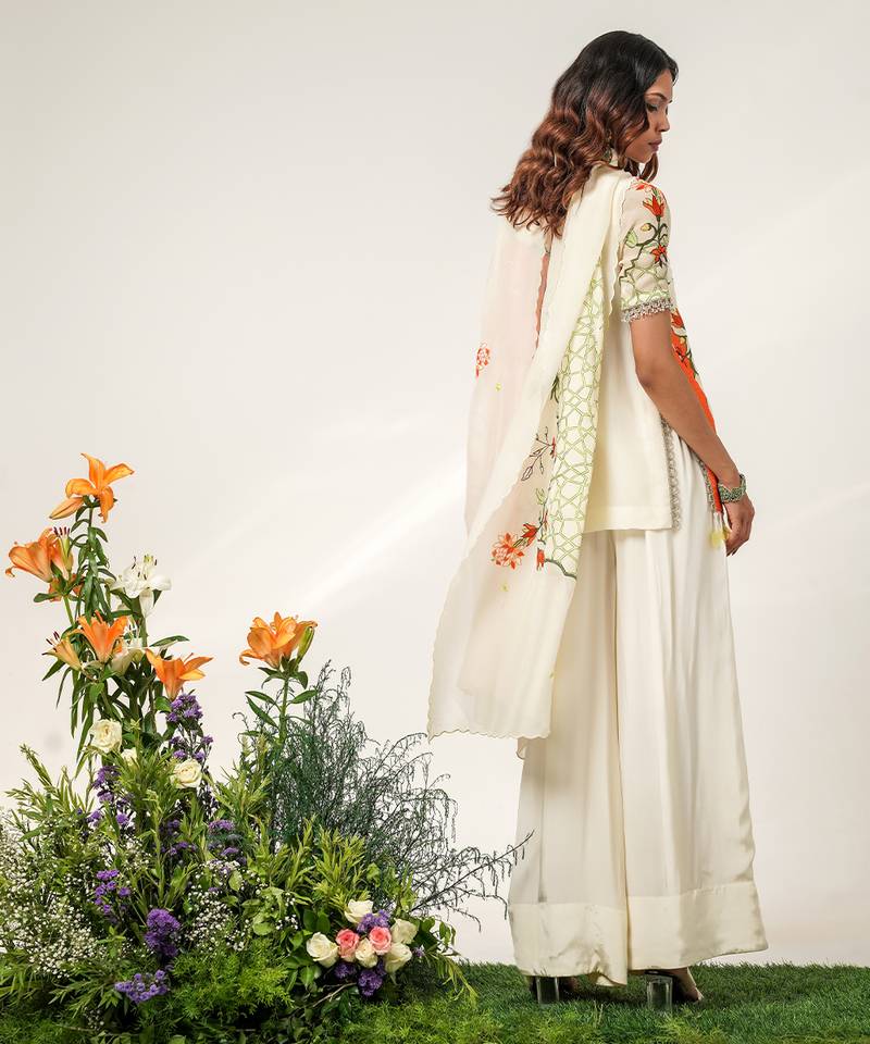 Ivory and tangerine orange embroidered organza and georgette short kurta set
