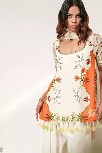 Ivory and tangerine orange embroidered organza and georgette short kurta set