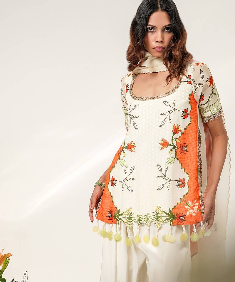 Ivory and tangerine orange embroidered organza and georgette short kurta set