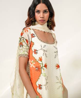 Ivory and tangerine orange embroidered organza and georgette short kurta set 5