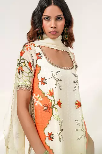 Ivory and tangerine orange embroidered organza and georgette short kurta set