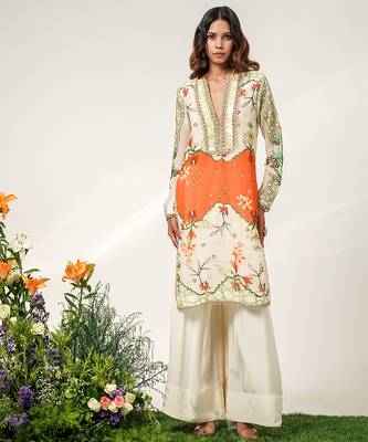 Ivory and tangerine orange embroidered organza and crepe kurta set 1