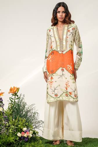 Ivory and tangerine orange embroidered organza and crepe kurta set