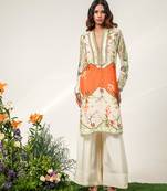 Ivory and tangerine orange embroidered organza and crepe kurta set