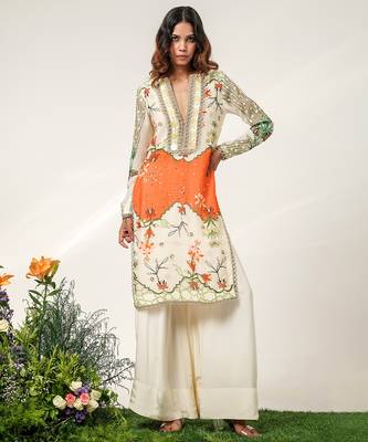 Ivory and tangerine orange embroidered organza and crepe kurta set 2