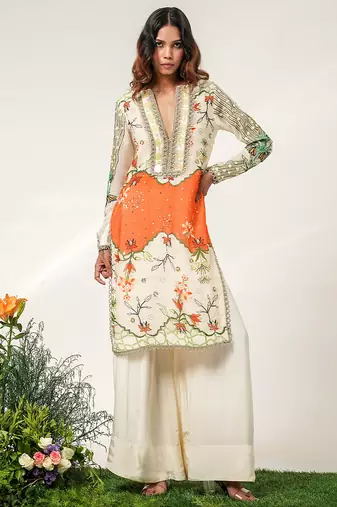 Ivory and tangerine orange embroidered organza and crepe kurta set